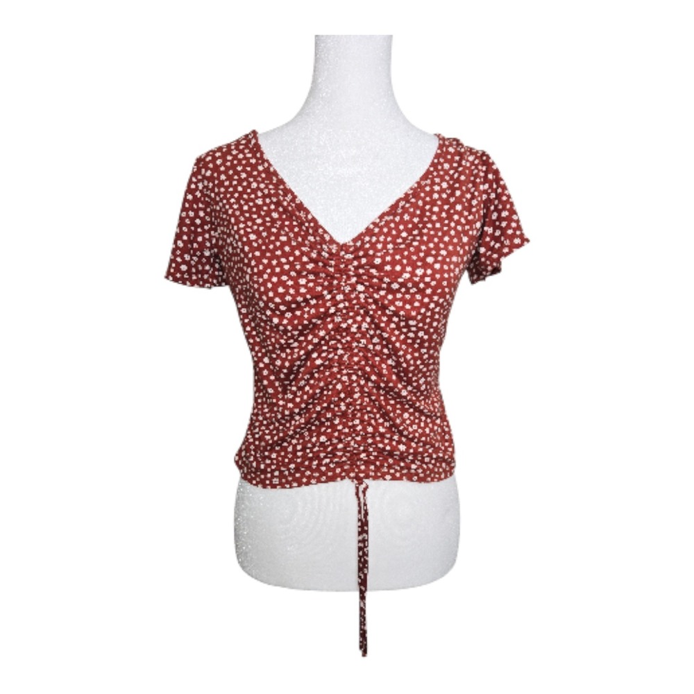 Pie in the Sky Womens Burgundy Floral Print V Neck Ruched Drawstring Top XL